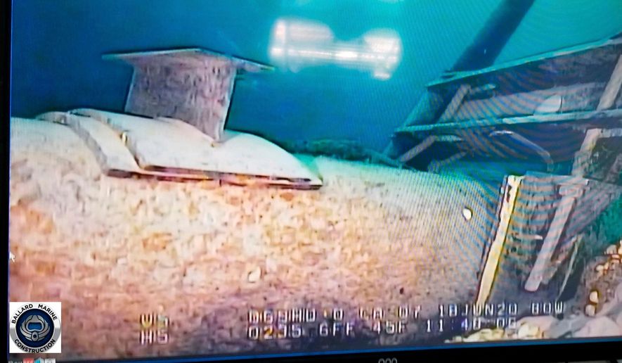 This photo provided by the Michigan Department of Environment, Great Lakes, and Energy in June 2020 shows damage to anchor support EP-17-1 on the east leg of the Enbridge Line 5 pipeline in the Straits of Mackinac in Michigan, displayed on a television screen. (Michigan Department of Environment, Great Lakes, and Energy via AP, File)