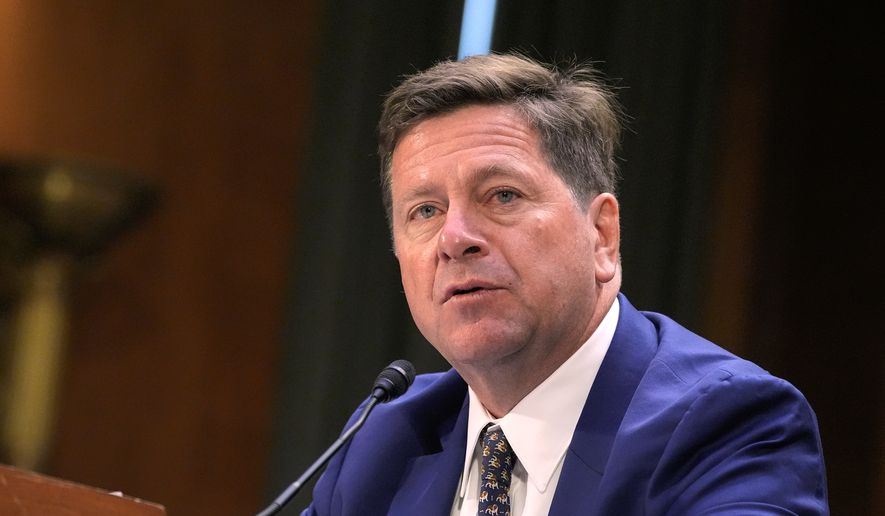 Jay Clayton testifies during a Senate Intelligence Committee confirmation hearing to be the next Director of National Intelligence, on Capitol Hill, July 15, 2026, in Washington. (AP Photo/Mariam Zuhaib, File)