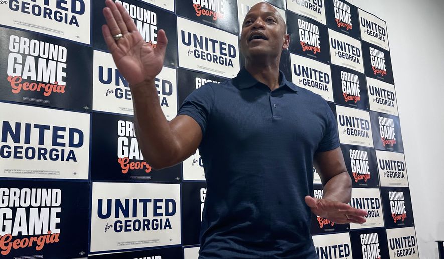Maryland Gov. Wes Moore campaigns for Georgia Sen. Jon Ossoff, D-Ga., and Democratic gubernatorial nominee Keisha Lance Bottoms, Tuesday, July 14, 2026, in Atlanta. (AP Photo/Bill Barrow)