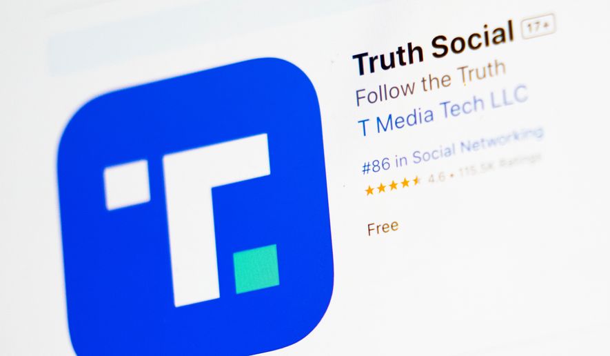 The download screen for the Truth Social app is displayed on a laptop computer, March 20, 2024, in New York. (AP Photo/John Minchillo, File)
