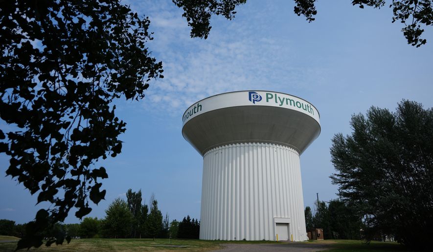 A water tower is seen Thursday, July 30, 2026, in Plymouth, Minn. A cyberattack targeted the operating technology at over 30 water systems in Minnesota, including Plymouth's, earlier this week, state officials said. (AP Photo/Ellen Schmidt)
