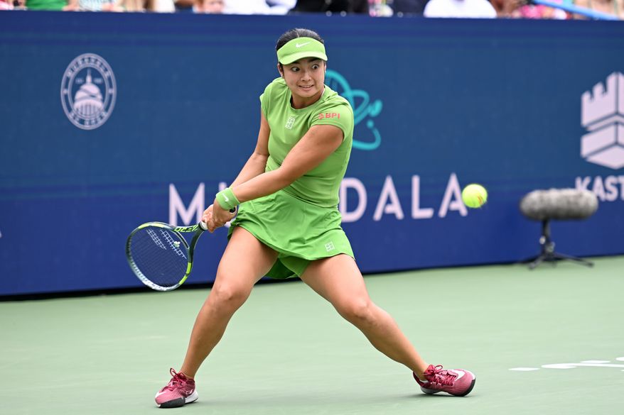 Alex Eala of the Philippines returns a shot against Jessica Pegula of the United States in the WTA final of the DC Open tennis tournament in Washington, D.C., Sunday, August 2, 2026. (All-Pro Reels)