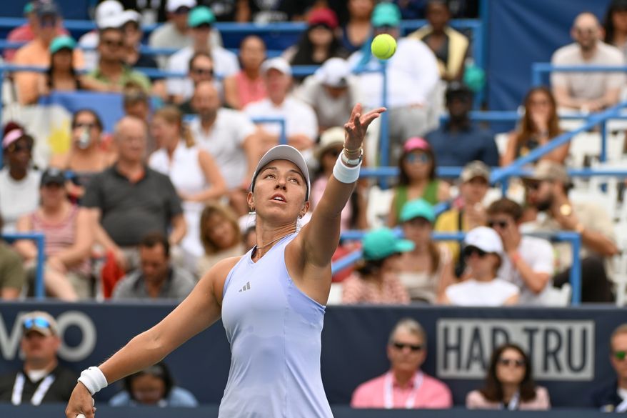 Jessica Pegula of the United States serves against Alex Eala of the Philippines in the WTA final of the DC Open tennis tournament in Washington, D.C., Sunday, August 2, 2026. (All-Pro Reels)