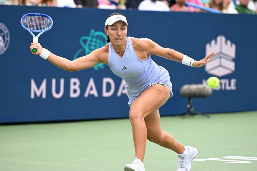 Jessica Pegula of the United States reaches for a forehand against Alex Eala of the Philippines in the WTA final of the DC Open tennis tournament in Washington, D.C., Sunday, August 2, 2026. (All-Pro Reels)