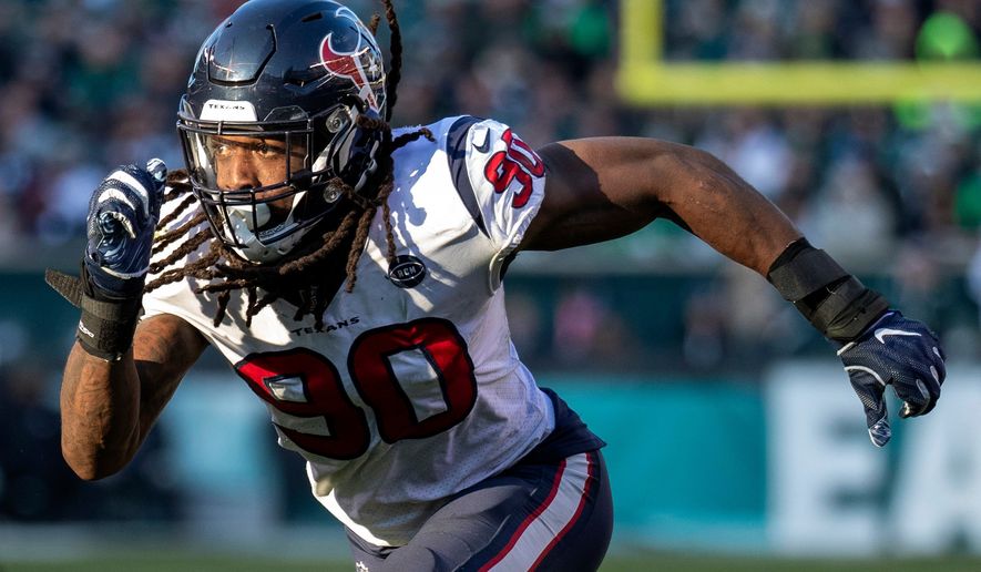 FILE - Houston Texans' Jadeveon Clowney rushes during an NFL football game against the Philadelphia Eagles Dec. 23, 2018, in Philadelphia. (AP Photo/Chris Szagola, File)
