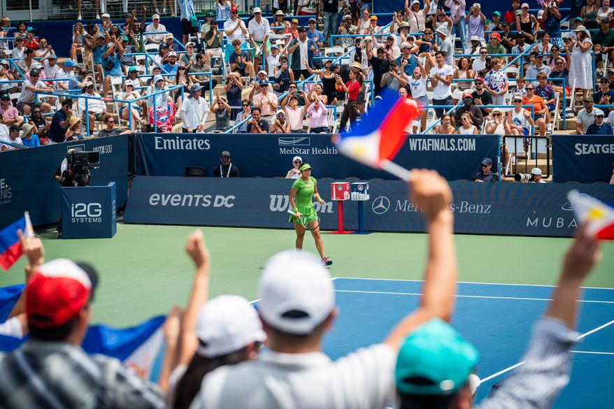 Alex Eala of the Philippines celebrates a point in a match against Jessica Pegula of the United States in the WTA singles final of the DC Open tennis tournament in Washington, D.C., Monday, August 3, 2026. (All-Pro Reels)