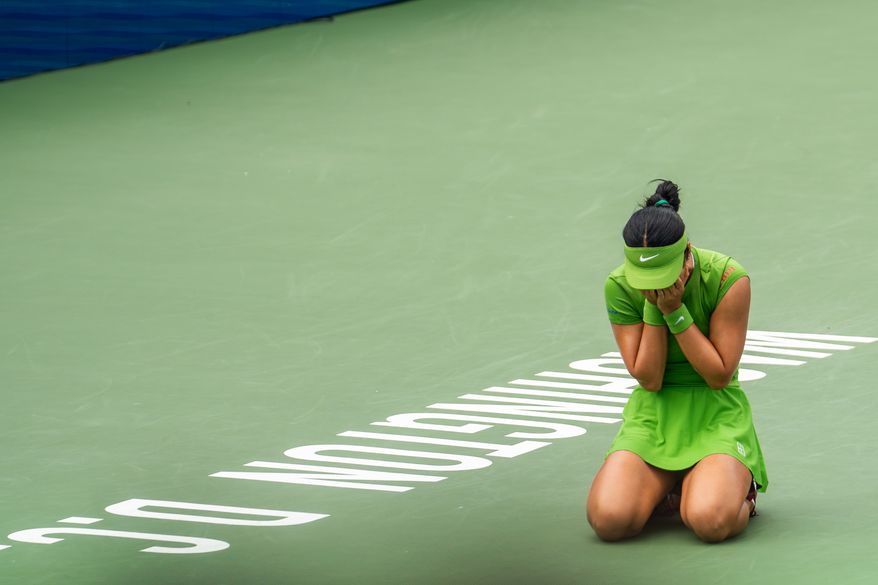 Alex Eala of the Philippines celebrates after beating Jessica Pegula of the United States in the WTA singles final of the DC Open tennis tournament in Washington, D.C., Monday, August 3, 2026. (All-Pro Reels)