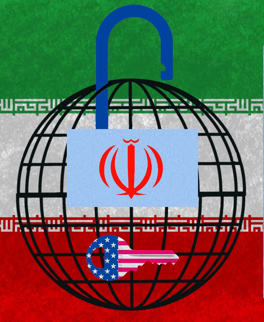 The United States of America unlocking the Strait of Hormuz from Iran illustration by Linas Garsys / The Washington Times