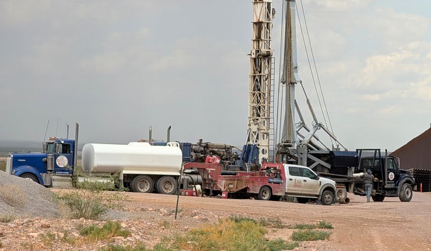 Construction crews drill wells for border wall construction in July 2026, in Luna County, N.M., along the US-Mexico border. (Russell Johnson via AP)