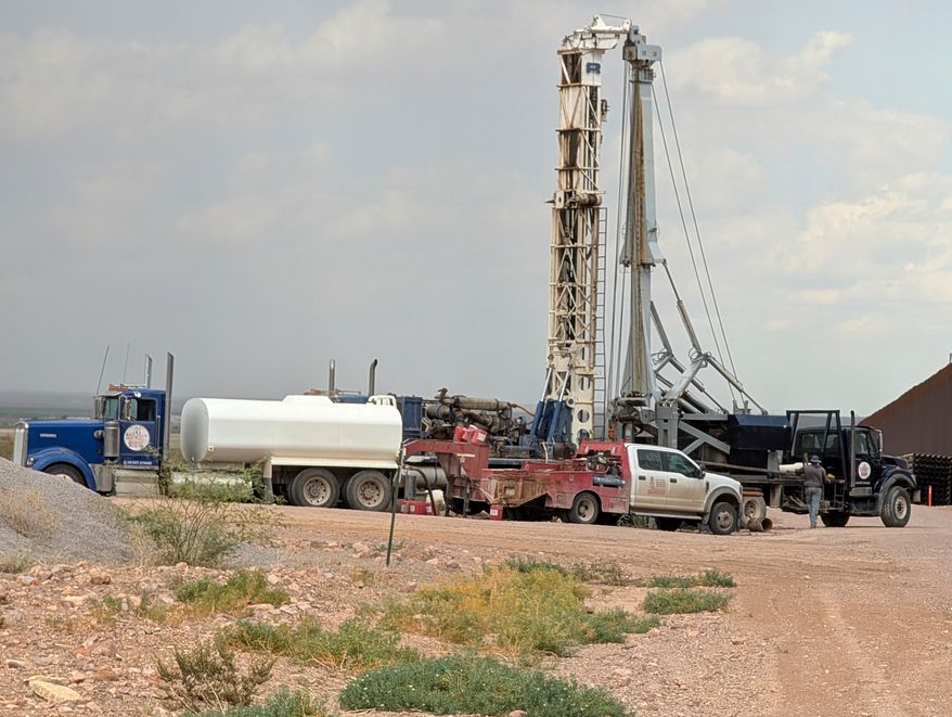 Construction crews drill wells for border wall construction in July 2026, in Luna County, N.M., along the US-Mexico border. (Russell Johnson via AP)