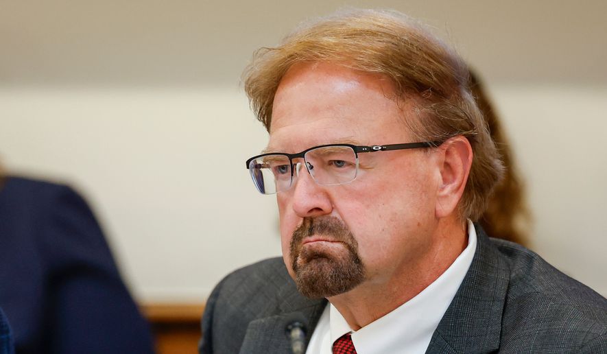 Rep. Chuck Edwards, R-N.C., listens to testimony as the House Judiciary Subcommittee on Oversight holds a field hearing on violent crime in Charlotte, N.C., on Sept. 29, 2025. (AP Photo/Nell Redmond) ** FILE **