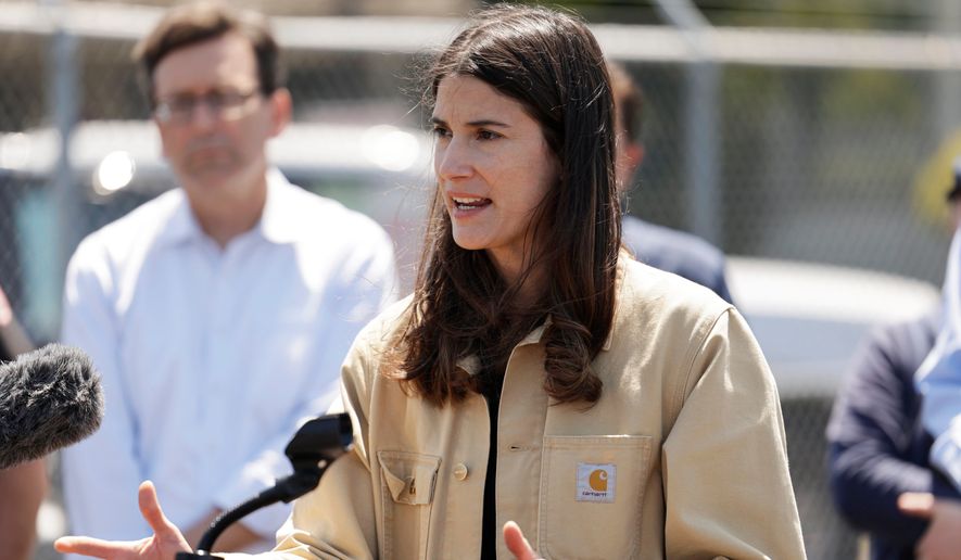 Rep. Marie Gluesenkamp Perez, D-Wash., speaks during a news conference, Wednesday, May 27, 2026, regarding the implosion of a Nippon Dynawave Packaging Co. tank containing hazardous liquid in Longview, Wash. (Karen Ducey/The Seattle Times via AP) **FILE**