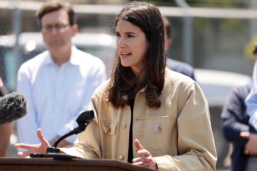 Rep. Marie Gluesenkamp Perez, D-Wash., speaks during a news conference, Wednesday, May 27, 2026, regarding the implosion of a Nippon Dynawave Packaging Co. tank containing hazardous liquid in Longview, Wash. (Karen Ducey/The Seattle Times via AP) **FILE**