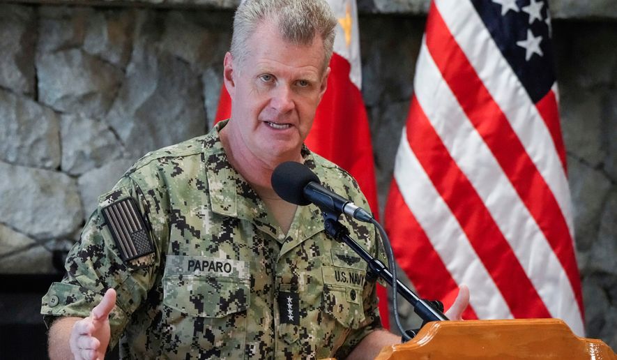 FILE - U.S. Indo-Pacific Command Commander, Admiral Samuel Paparo, gestures during a press conference at the Philippine Military Academy in Baguio, northern Philippines, Aug. 29, 2024. (AP Photo/Aaron Favila, File)