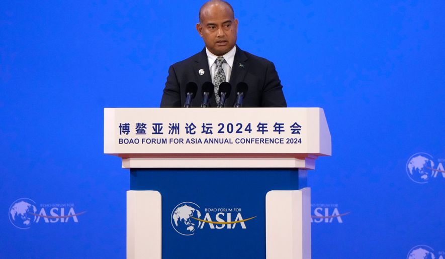 FILE - Nauru President David Adeang speaks at the opening ceremony of Boao Forum of Asia, in Boao in southern China's Hainan province on Thursday, March 28, 2024. (AP Photo/Tian Macleod Ji, File)