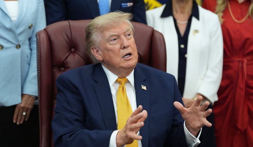 President Donald Trump speaks during a meeting about military families in the Oval Office of the White House, Monday, Aug. 3, 2026, in Washington. (AP Photo/Alex Brandon) ** FILE **