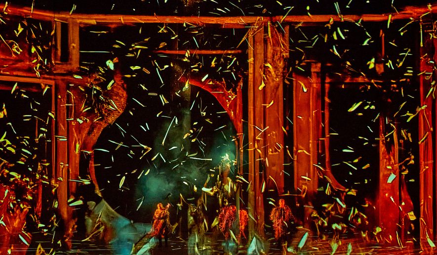 This image released by the Bayreuth Festival shows a dress rehearsal of Wagner's "Das Rheingold" from the AI-driven 150th anniversary production of the Ring Cycle at the Festspielhaus in Bayreuth, Germany on July 15, 2026. (Enrico Nawrath/Bayreuth Festival via AP)