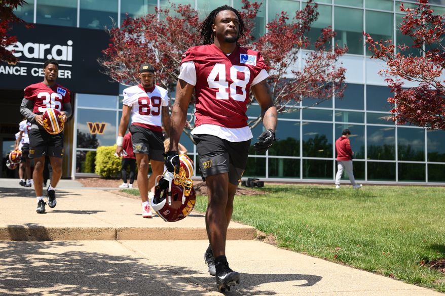 Washington Commanders linebacker Joshua Josephs (48) makes his way to the field for practice at the NFL football team's rookie minicamp, Friday, May 8, 2026, in Ashburn, Va. (AP Photo/Nick Wass)