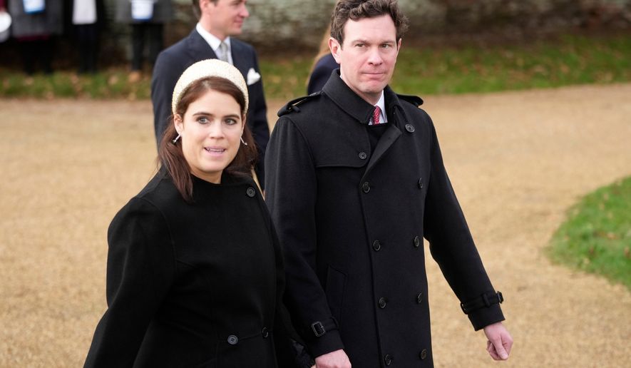 FILE - Britain's Princess Eugenie and husband Jack Brooksbank leave after attending the Christmas day service at St Mary Magdalene Church in Sandringham in Norfolk, England, Dec. 25, 2023.(AP Photo/Kin Cheung, File)