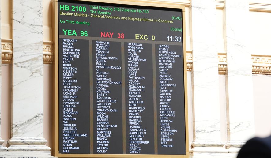 A screen in the Maryland House Chamber displays votes during the third reading of a proposed constitutional amendment Tuesday, Aug. 4, 2026, in Annapolis, Md., that would allow a redrawn congressional map. (AP Photo/Mingson Lau)