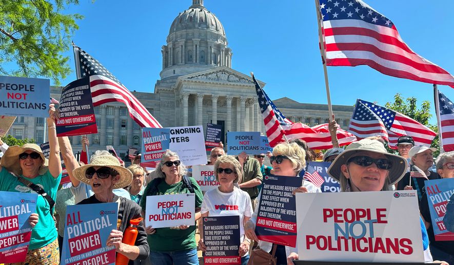 Protesters against a Missouri congressional redistricting plan gather outside the Missouri Capitol on May 12, 2026, in Jefferson City, Mo. (AP Photo/David A. Lieb, File)
