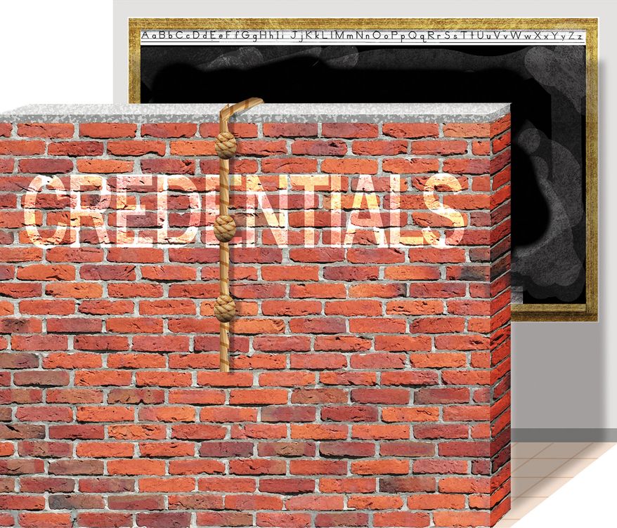 Credentialing for hiring qualified teachers illustration by Alexander Hunter/The Washington Times