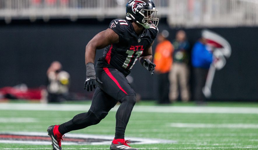 File- Atlanta Falcons linebacker Jalon Walker (11) works during the first half of an NFL football game against the New Orleans Saints, Sunday, Jan. 4, 2026, in Atlanta. (AP Photo/Danny Karnik,File)