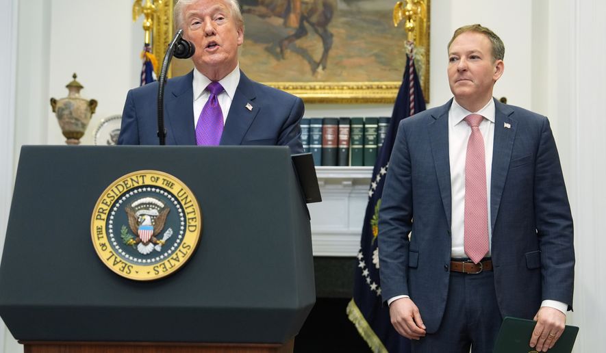 FILE - President Donald Trump, left, speaks during an event with Environmental Protection Agency director Lee Zeldin in the Roosevelt Room of the White House, Feb. 12, 2026, in Washington. (AP Photo/Evan Vucci, File)