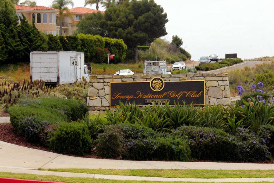 The entrance to Trump National Golf Club Los Angeles, in Rancho Palos Verdes, Calif., is seen in this photo, July 2, 2020. (AP Photo/John Antczak, File)