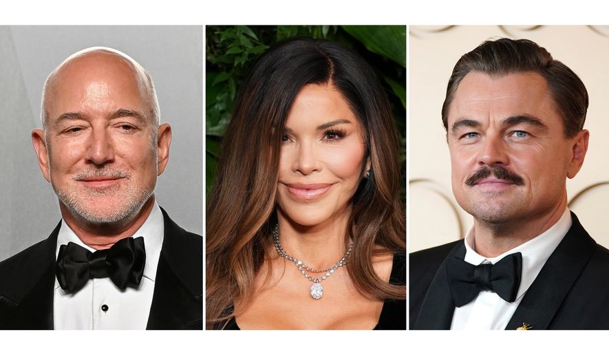 Jeff Bezos appears at the Vanity Fair Oscar Party in Los Angeles on March 15, 2026, left, Lauren Sanchez Bezos appears at Chanel's 16th Annual Pre-Oscar Awards Dinner in Beverly Hills, Calif., on March 1, 2025, center, and Leonardo DiCaprio appears at the Oscars in Los Angeles on March 15, 2026. (AP Photo)