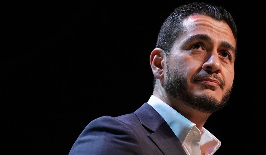Abdul El-Sayed, a progressive candidate in the Democratic primary for U.S. Senate in Michigan, speaks during a primary election night event Wednesday, Aug. 5, 2026, at the Majestic Theatre in Detroit. (AP Photo/Julia Demaree Nikhinson)