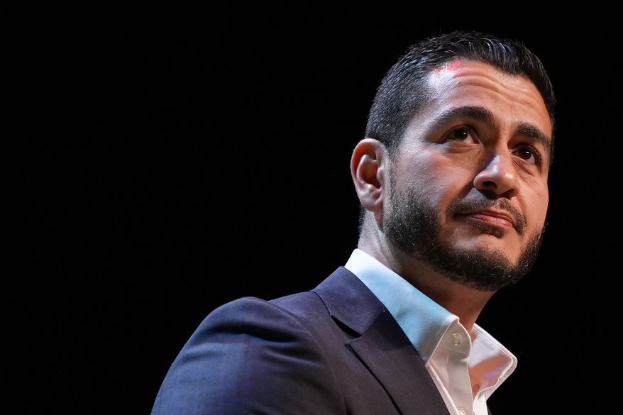 Abdul El-Sayed, a progressive candidate in the Democratic primary for U.S. Senate in Michigan, speaks during a primary election night event Wednesday, Aug. 5, 2026, at the Majestic Theatre in Detroit. (AP Photo/Julia Demaree Nikhinson)