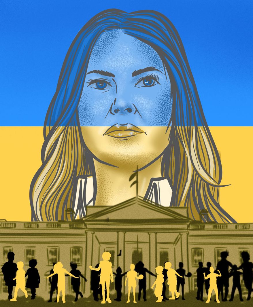 First Lady Melania Trump helping Ukrainian children illustration by Linas Garsys / The Washington Times