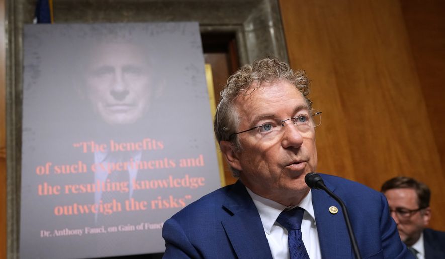 Committee Chairman Sen. Rand Paul, R-Ky., speaks as Dr. Anthony Fauci appears before the Senate Homeland Security and Governmental Affairs Committee at the Capitol, Wednesday, July 29, 2026, in Washington. (AP Photo/Allison Robbert)