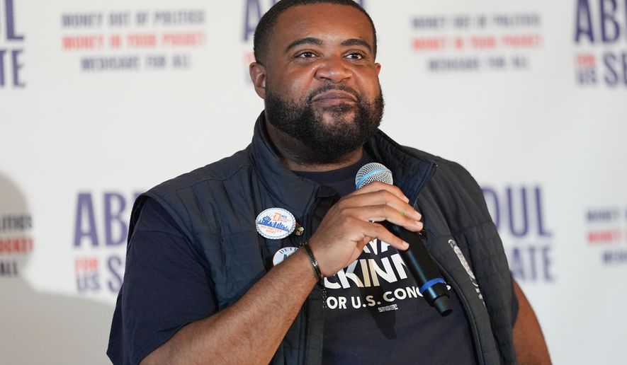 Michigan state Rep. Donavan McKinney, Democratic candidate for U.S. House of Representatives in Michigan's 13th District, speaks at a campaign rally for Abdul El-Sayed, a progressive candidate in the Democratic primary for U.S. Senate in Michigan, Monday, Aug. 3, 2026, in Detroit. (AP Photo/Julia Demaree Nikhinson)