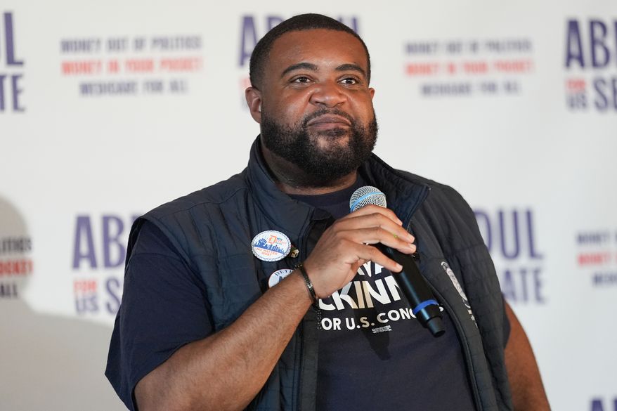 Michigan state Rep. Donavan McKinney, Democratic candidate for U.S. House of Representatives in Michigan's 13th District, speaks at a campaign rally for Abdul El-Sayed, a progressive candidate in the Democratic primary for U.S. Senate in Michigan, Monday, Aug. 3, 2026, in Detroit. (AP Photo/Julia Demaree Nikhinson)