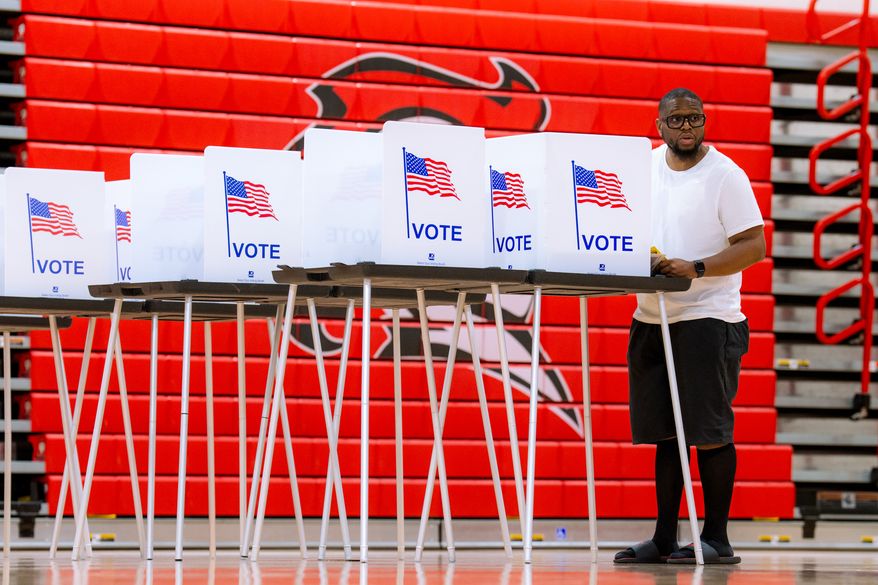 A person votes in the primary election at Oak Park High School in Oak Park, Mich., Tuesday, Aug. 4, 2026. (AP Photo/Nic Antaya)