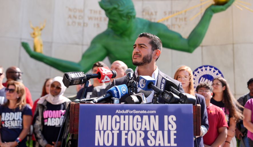 Abdul El-Sayed speaks during a news conference at the Spirit of Detroit shortly after winning the Democratic nomination for U.S. Senate in Michigan, Wednesday, Aug. 5, 2026, in Detroit. (AP Photo/Julia Demaree Nikhinson)