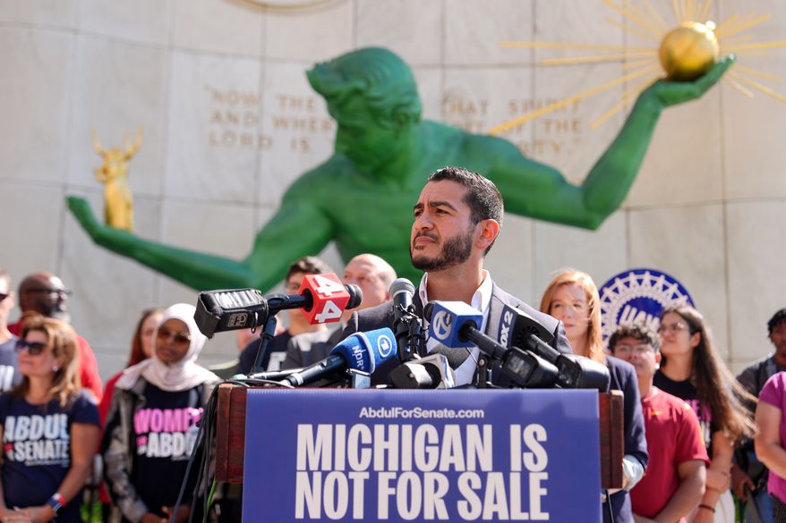 Abdul El-Sayed speaks during a news conference at the Spirit of Detroit shortly after winning the Democratic nomination for U.S. Senate in Michigan, Wednesday, Aug. 5, 2026, in Detroit. (AP Photo/Julia Demaree Nikhinson)