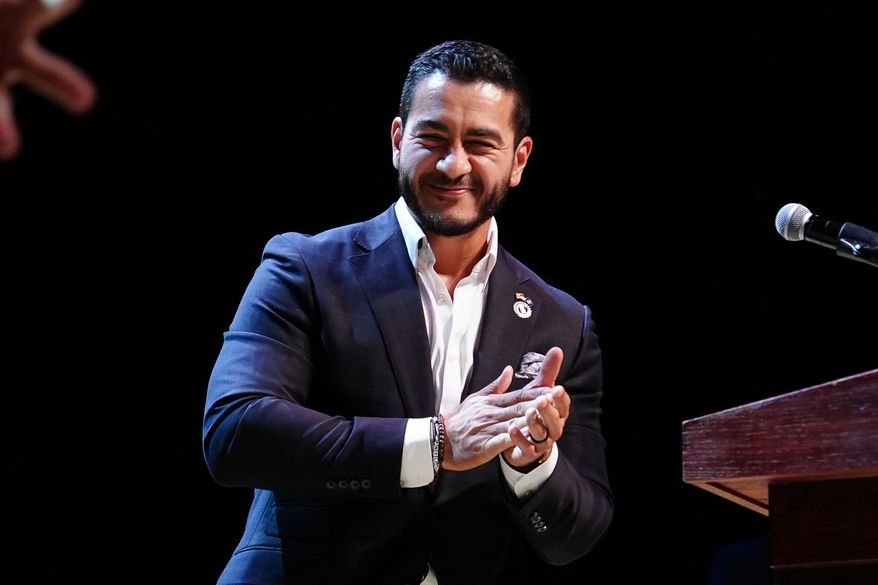 Abdul El-Sayed, a progressive candidate in the Democratic primary for U.S. Senate in Michigan, speaks during a primary election night event Wednesday, Aug. 5, 2026, at the Majestic Theatre in Detroit. (AP Photo/Julia Demaree Nikhinson)