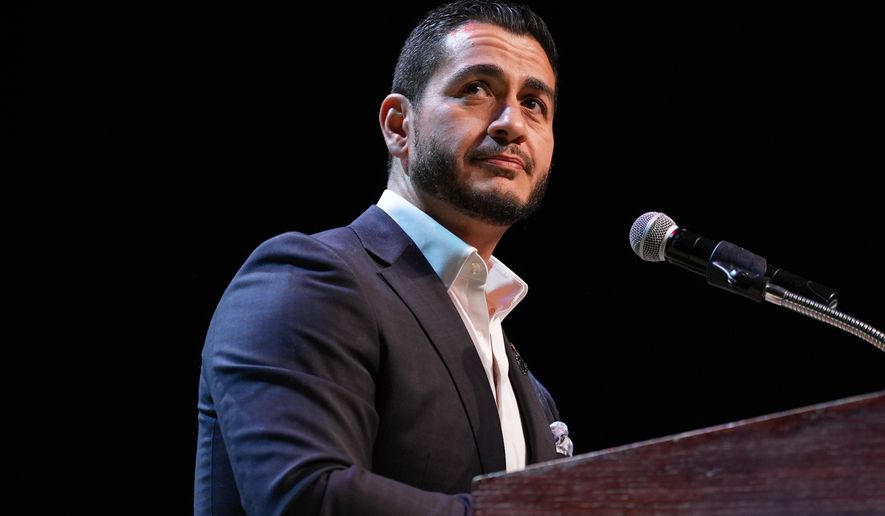 Abdul El-Sayed, a progressive candidate in the Democratic primary for U.S. Senate in Michigan, speaks during a primary election night event Wednesday, Aug. 5, 2026, at the Majestic Theatre in Detroit. (AP Photo/Julia Demaree Nikhinson)