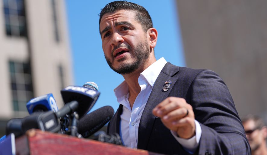 Abdul El-Sayed speaks during a news conference at the Spirit of Detroit shortly after winning the Democratic nomination for U.S. Senate in Michigan, Wednesday, Aug. 5, 2026, in Detroit. (AP Photo/Julia Demaree Nikhinson)