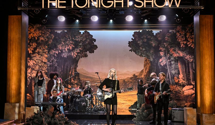 This image released by NBC shows Phoebe Bridgers performing on "The Tonight Show Starring Jimmy Fallon" in New York on July 14, 2026. (Todd Owyoung/NBC via AP)