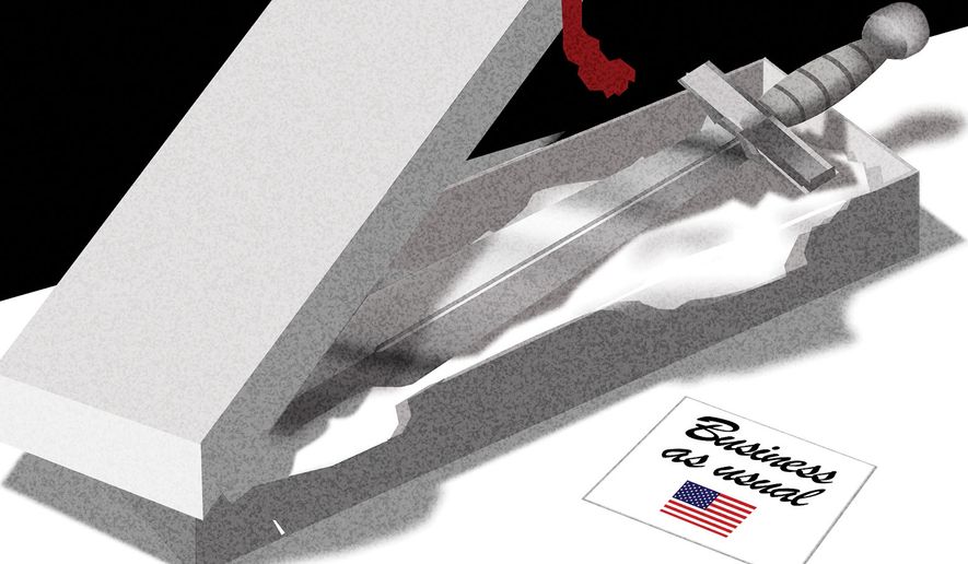 The United States of America waging war illustration by Alexander Hunter/The Washington Times