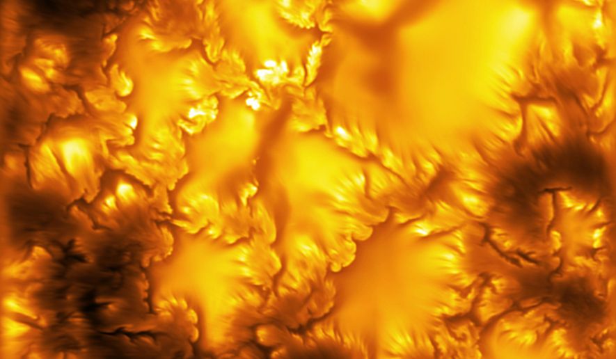 This undated image provided by the NSF National Solar Observatory on Monday, Aug. 3, 2026, shows the sun's surface. (National Science Foundation National Solar Observatory via AP)