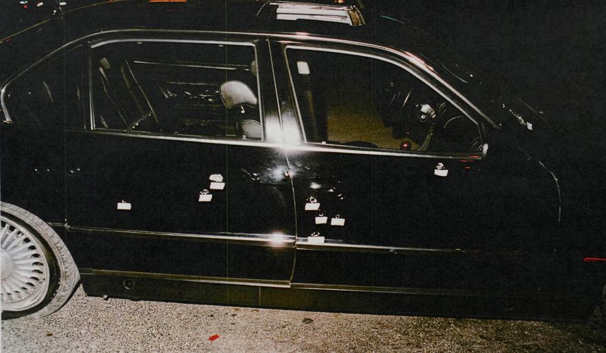This undated photo provided by the Las Vegas Metropolitan Police Department shows the bullet-riddled car in which rapper Tupac Shakur was fatally shot in September 1996, in Las Vegas. (Las Vegas Metropolitan Police Department via AP, File)