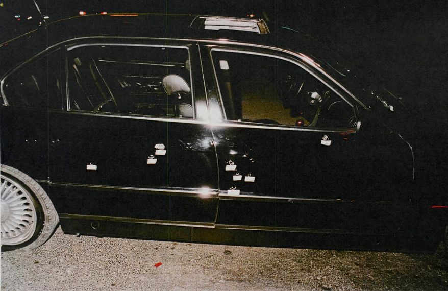 This undated photo provided by the Las Vegas Metropolitan Police Department shows the bullet-riddled car in which rapper Tupac Shakur was fatally shot in September 1996, in Las Vegas. (Las Vegas Metropolitan Police Department via AP, File)