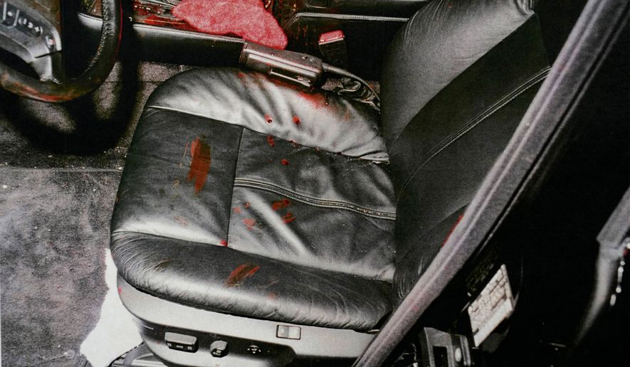 This undated photo provided by the Las Vegas Metropolitan Police Department shows the bloodied driver's seat that was occupied by Marion "Suge" Knight in a car rapper Tupac Shakur was fatally shot in September 1996, in Las Vegas. (Las Vegas Metropolitan Police Department via AP, File)
