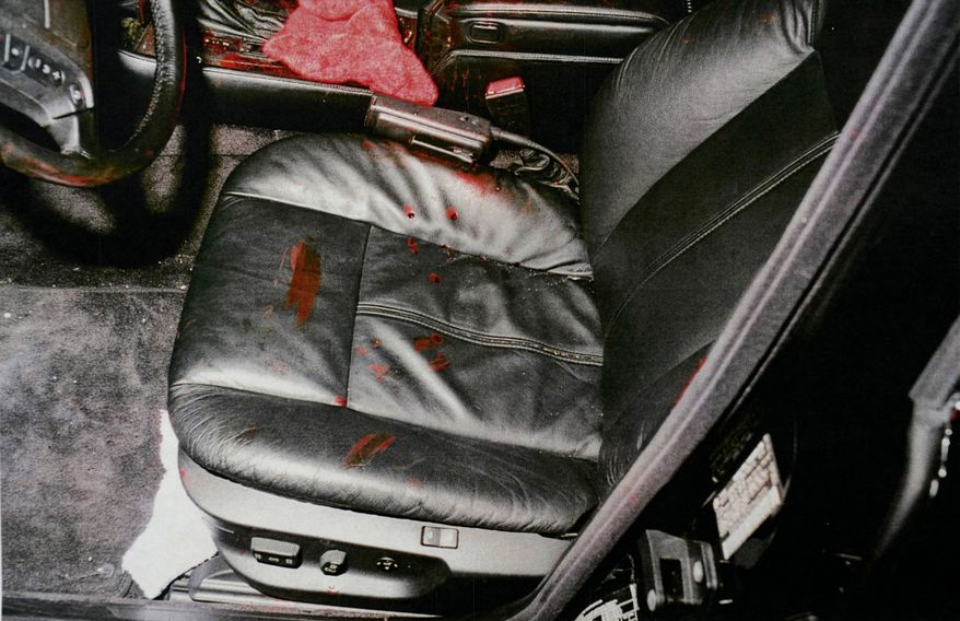 This undated photo provided by the Las Vegas Metropolitan Police Department shows the bloodied driver's seat that was occupied by Marion "Suge" Knight in a car rapper Tupac Shakur was fatally shot in September 1996, in Las Vegas. (Las Vegas Metropolitan Police Department via AP, File)