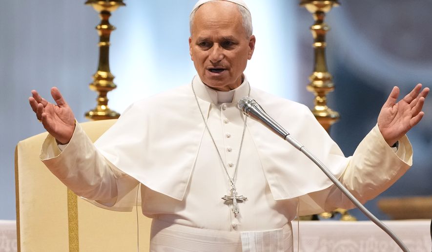 Pope Leo XIV delivers a blessing in St. Peter's Basilica, on the occasion of the weekly general audience at the Vatican, Wednesday, Aug. 5, 2026. (AP Photo/Gregorio Borgia)